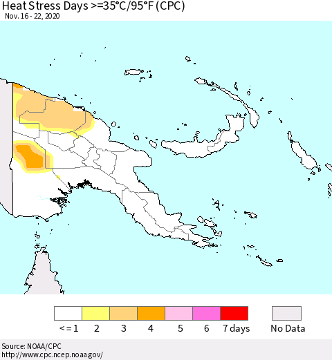 Papua New Guinea Heat Stress Days >=35°C/95°F (CPC) Thematic Map For 11/16/2020 - 11/22/2020