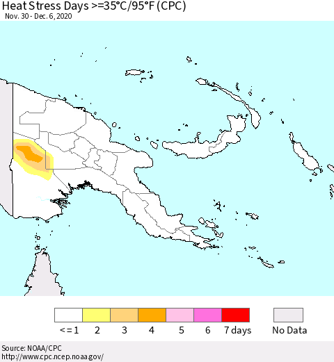 Papua New Guinea Heat Stress Days >=35°C/95°F (CPC) Thematic Map For 11/30/2020 - 12/6/2020