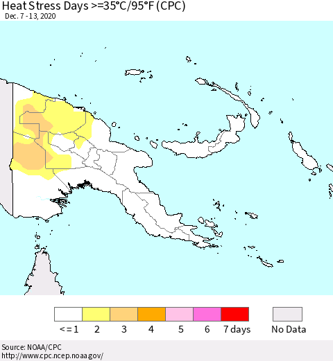 Papua New Guinea Heat Stress Days >=35°C/95°F (CPC) Thematic Map For 12/7/2020 - 12/13/2020