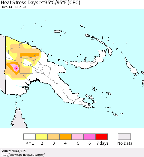 Papua New Guinea Heat Stress Days >=35°C/95°F (CPC) Thematic Map For 12/14/2020 - 12/20/2020