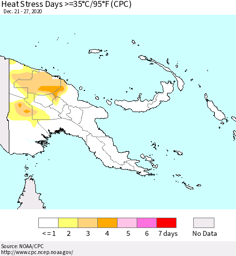 Papua New Guinea Heat Stress Days >=35°C/95°F (CPC) Thematic Map For 12/21/2020 - 12/27/2020