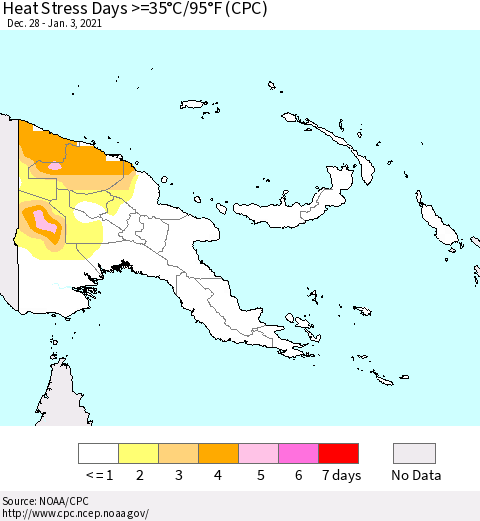 Papua New Guinea Heat Stress Days >=35°C/95°F (CPC) Thematic Map For 12/28/2020 - 1/3/2021