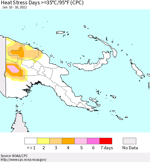 Papua New Guinea Heat Stress Days >=35°C/95°F (CPC) Thematic Map For 1/10/2022 - 1/16/2022