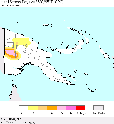 Papua New Guinea Heat Stress Days >=35°C/95°F (CPC) Thematic Map For 1/17/2022 - 1/23/2022