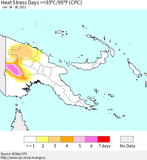 Papua New Guinea Heat Stress Days >=35°C/95°F (CPC) Thematic Map For 1/24/2022 - 1/30/2022