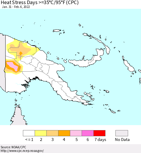 Papua New Guinea Heat Stress Days >=35°C/95°F (CPC) Thematic Map For 1/31/2022 - 2/6/2022
