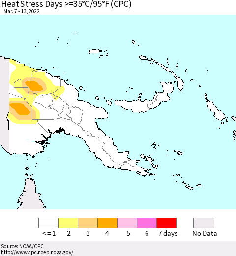 Papua New Guinea Heat Stress Days >=35°C/95°F (CPC) Thematic Map For 3/7/2022 - 3/13/2022
