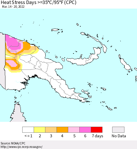 Papua New Guinea Heat Stress Days >=35°C/95°F (CPC) Thematic Map For 3/14/2022 - 3/20/2022