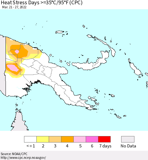 Papua New Guinea Heat Stress Days >=35°C/95°F (CPC) Thematic Map For 3/21/2022 - 3/27/2022