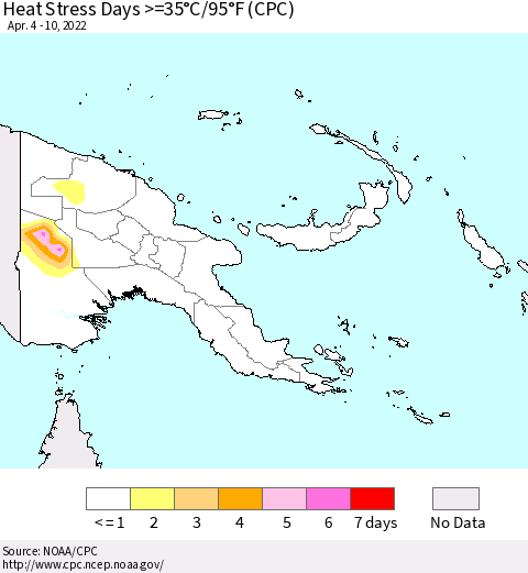 Papua New Guinea Heat Stress Days >=35°C/95°F (CPC) Thematic Map For 4/4/2022 - 4/10/2022