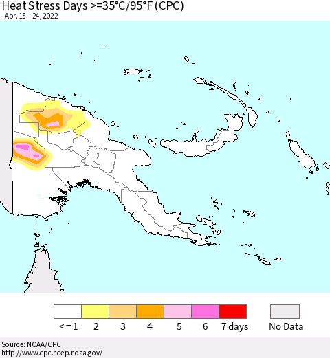 Papua New Guinea Heat Stress Days >=35°C/95°F (CPC) Thematic Map For 4/18/2022 - 4/24/2022