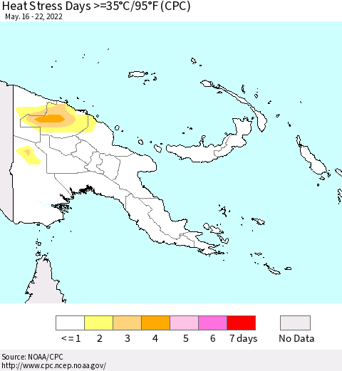 Papua New Guinea Heat Stress Days >=35°C/95°F (CPC) Thematic Map For 5/16/2022 - 5/22/2022