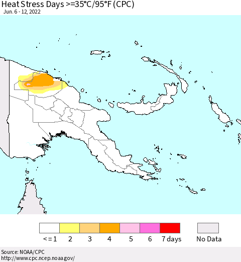 Papua New Guinea Heat Stress Days >=35°C/95°F (CPC) Thematic Map For 6/6/2022 - 6/12/2022