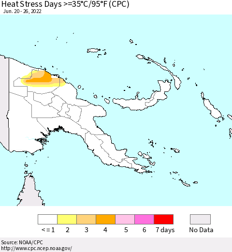 Papua New Guinea Heat Stress Days >=35°C/95°F (CPC) Thematic Map For 6/20/2022 - 6/26/2022