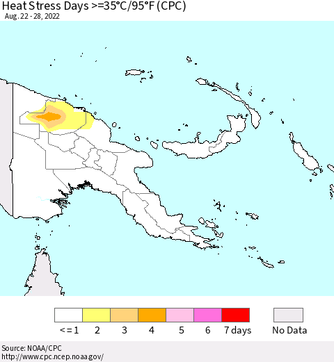 Papua New Guinea Heat Stress Days >=35°C/95°F (CPC) Thematic Map For 8/22/2022 - 8/28/2022