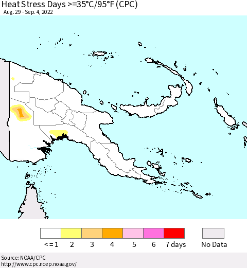 Papua New Guinea Heat Stress Days >=35°C/95°F (CPC) Thematic Map For 8/29/2022 - 9/4/2022
