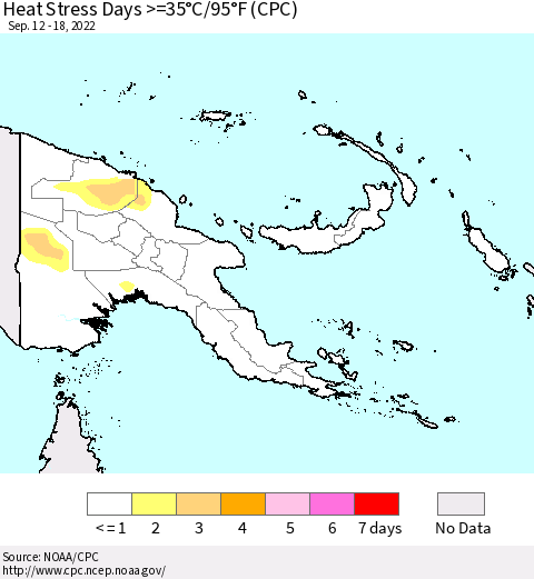 Papua New Guinea Heat Stress Days >=35°C/95°F (CPC) Thematic Map For 9/12/2022 - 9/18/2022