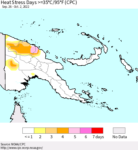 Papua New Guinea Heat Stress Days >=35°C/95°F (CPC) Thematic Map For 9/26/2022 - 10/2/2022
