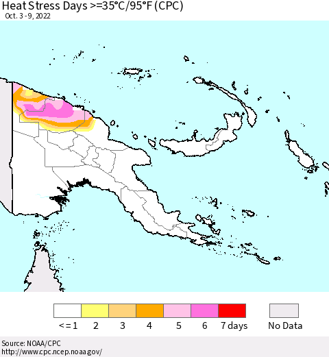 Papua New Guinea Heat Stress Days >=35°C/95°F (CPC) Thematic Map For 10/3/2022 - 10/9/2022