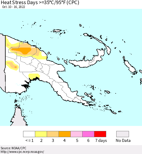 Papua New Guinea Heat Stress Days >=35°C/95°F (CPC) Thematic Map For 10/10/2022 - 10/16/2022