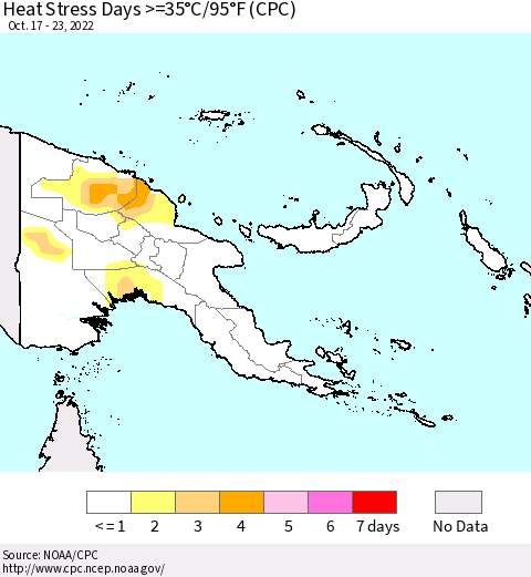 Papua New Guinea Heat Stress Days >=35°C/95°F (CPC) Thematic Map For 10/17/2022 - 10/23/2022
