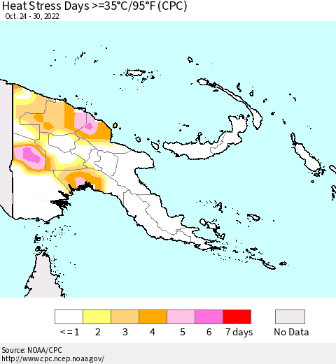 Papua New Guinea Heat Stress Days >=35°C/95°F (CPC) Thematic Map For 10/24/2022 - 10/30/2022