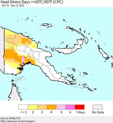 Papua New Guinea Heat Stress Days >=35°C/95°F (CPC) Thematic Map For 10/31/2022 - 11/6/2022