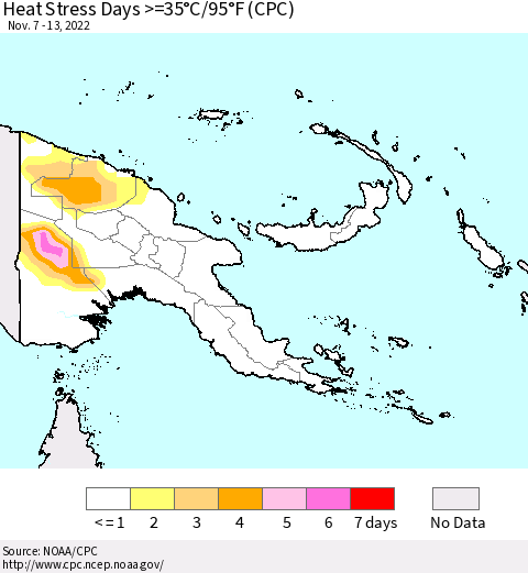 Papua New Guinea Heat Stress Days >=35°C/95°F (CPC) Thematic Map For 11/7/2022 - 11/13/2022