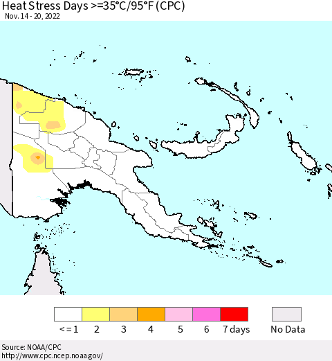 Papua New Guinea Heat Stress Days >=35°C/95°F (CPC) Thematic Map For 11/14/2022 - 11/20/2022