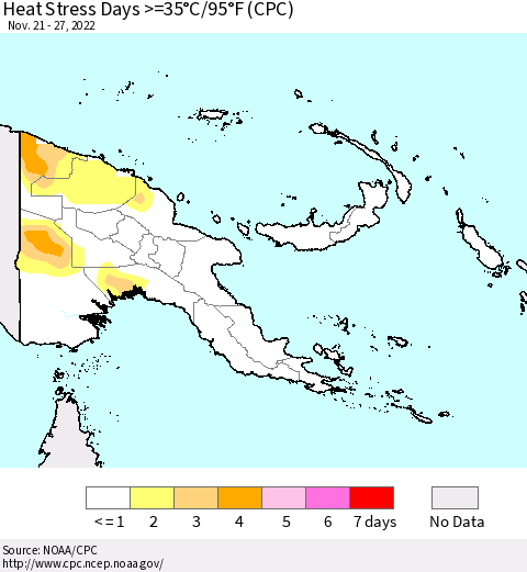 Papua New Guinea Heat Stress Days >=35°C/95°F (CPC) Thematic Map For 11/21/2022 - 11/27/2022