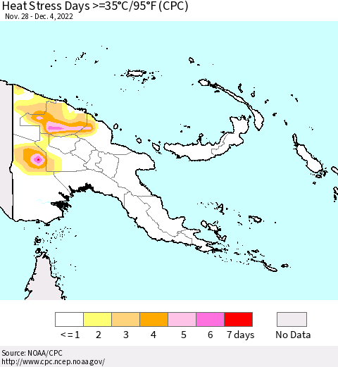 Papua New Guinea Heat Stress Days >=35°C/95°F (CPC) Thematic Map For 11/28/2022 - 12/4/2022