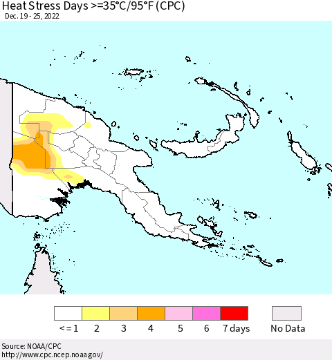 Papua New Guinea Heat Stress Days >=35°C/95°F (CPC) Thematic Map For 12/19/2022 - 12/25/2022