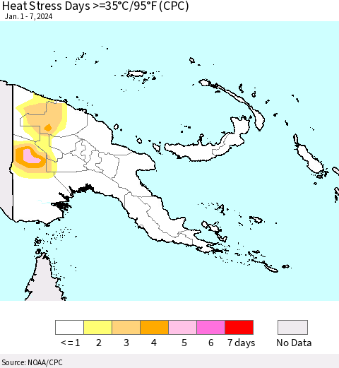 Papua New Guinea Heat Stress Days >=35°C/95°F (CPC) Thematic Map For 1/1/2024 - 1/7/2024