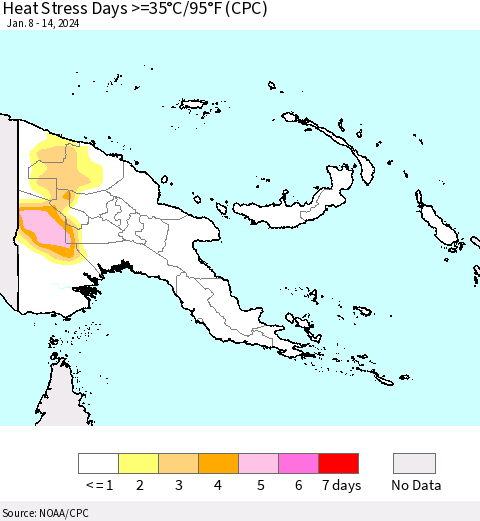 Papua New Guinea Heat Stress Days >=35°C/95°F (CPC) Thematic Map For 1/8/2024 - 1/14/2024