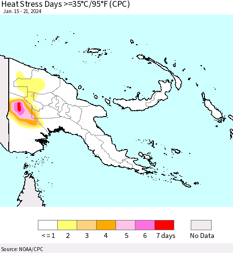 Papua New Guinea Heat Stress Days >=35°C/95°F (CPC) Thematic Map For 1/15/2024 - 1/21/2024
