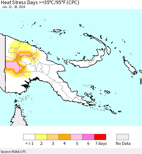 Papua New Guinea Heat Stress Days >=35°C/95°F (CPC) Thematic Map For 1/22/2024 - 1/28/2024