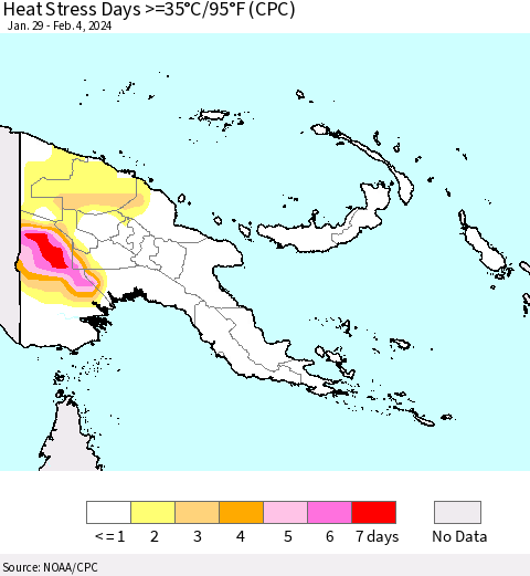Papua New Guinea Heat Stress Days >=35°C/95°F (CPC) Thematic Map For 1/29/2024 - 2/4/2024