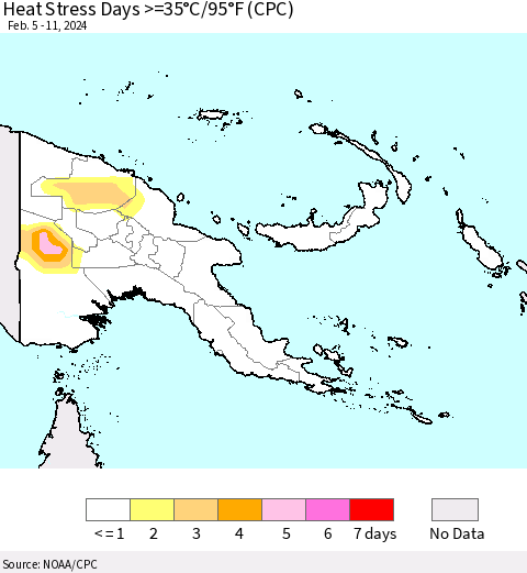 Papua New Guinea Heat Stress Days >=35°C/95°F (CPC) Thematic Map For 2/5/2024 - 2/11/2024