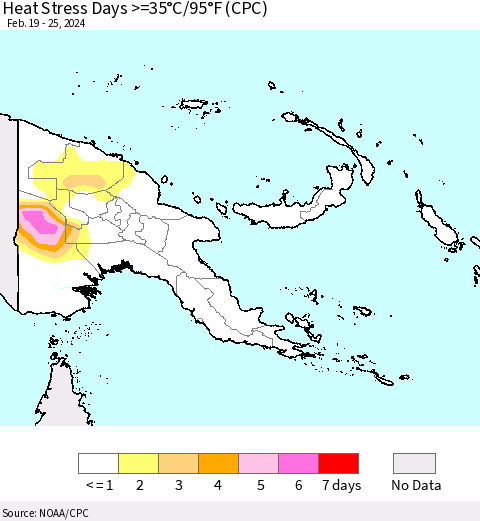 Papua New Guinea Heat Stress Days >=35°C/95°F (CPC) Thematic Map For 2/19/2024 - 2/25/2024