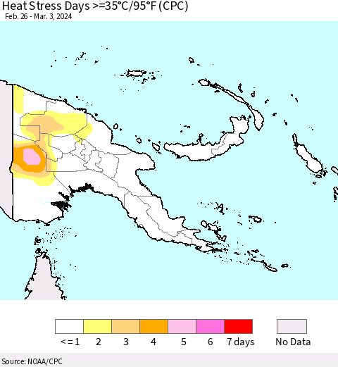 Papua New Guinea Heat Stress Days >=35°C/95°F (CPC) Thematic Map For 2/26/2024 - 3/3/2024