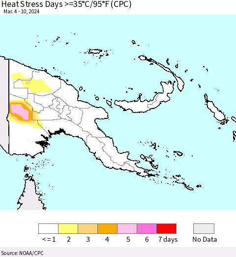Papua New Guinea Heat Stress Days >=35°C/95°F (CPC) Thematic Map For 3/4/2024 - 3/10/2024