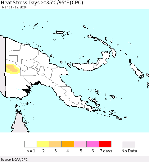 Papua New Guinea Heat Stress Days >=35°C/95°F (CPC) Thematic Map For 3/11/2024 - 3/17/2024