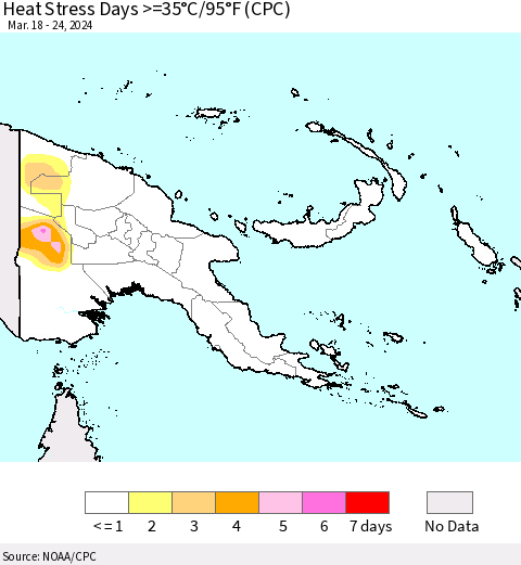 Papua New Guinea Heat Stress Days >=35°C/95°F (CPC) Thematic Map For 3/18/2024 - 3/24/2024