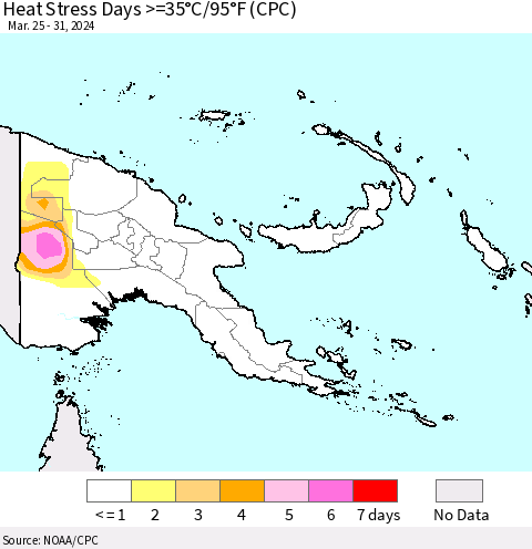 Papua New Guinea Heat Stress Days >=35°C/95°F (CPC) Thematic Map For 3/25/2024 - 3/31/2024