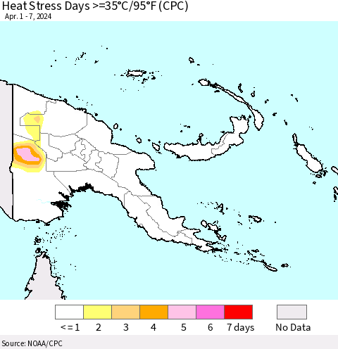 Papua New Guinea Heat Stress Days >=35°C/95°F (CPC) Thematic Map For 4/1/2024 - 4/7/2024