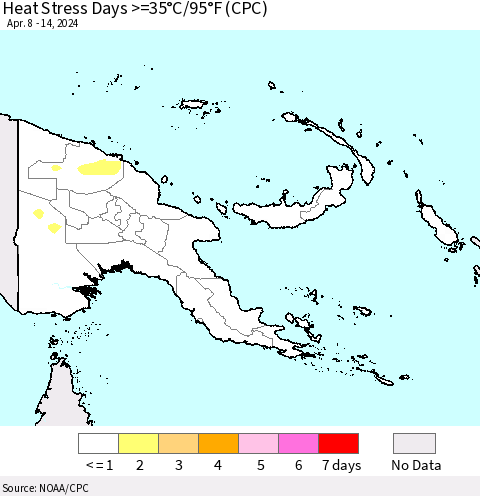 Papua New Guinea Heat Stress Days >=35°C/95°F (CPC) Thematic Map For 4/8/2024 - 4/14/2024