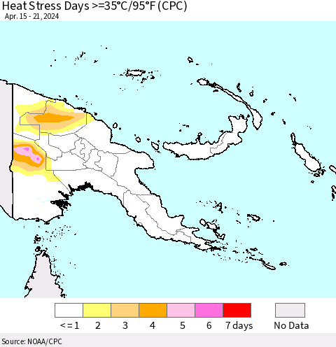 Papua New Guinea Heat Stress Days >=35°C/95°F (CPC) Thematic Map For 4/15/2024 - 4/21/2024
