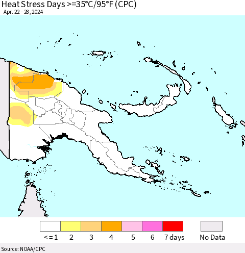 Papua New Guinea Heat Stress Days >=35°C/95°F (CPC) Thematic Map For 4/22/2024 - 4/28/2024
