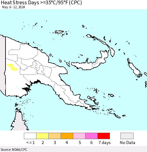 Papua New Guinea Heat Stress Days >=35°C/95°F (CPC) Thematic Map For 5/6/2024 - 5/12/2024