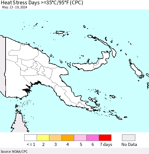 Papua New Guinea Heat Stress Days >=35°C/95°F (CPC) Thematic Map For 5/13/2024 - 5/19/2024